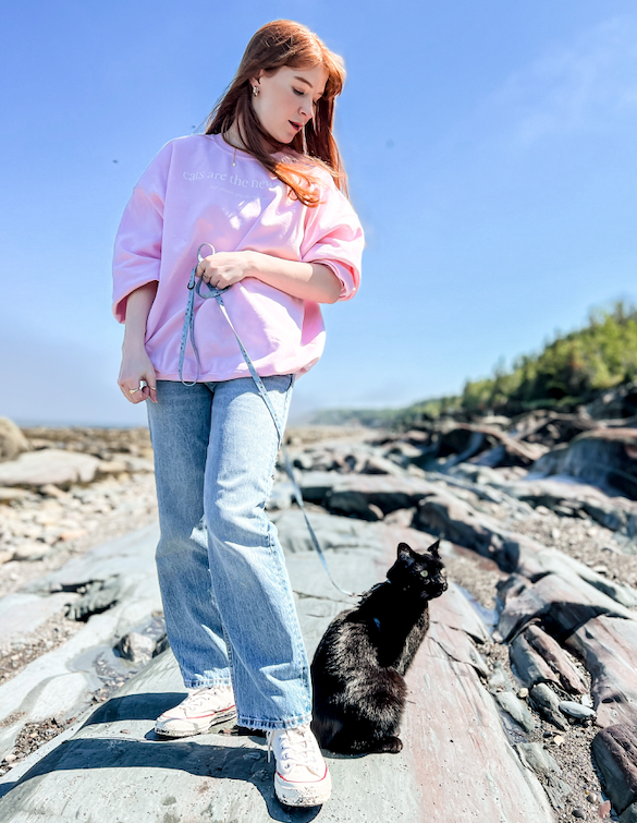 Woman with her Black Cat wearing Bloire Blue Rainbow Harness and Leashes Kit | Outdoor Shoot | Cat Leash Training